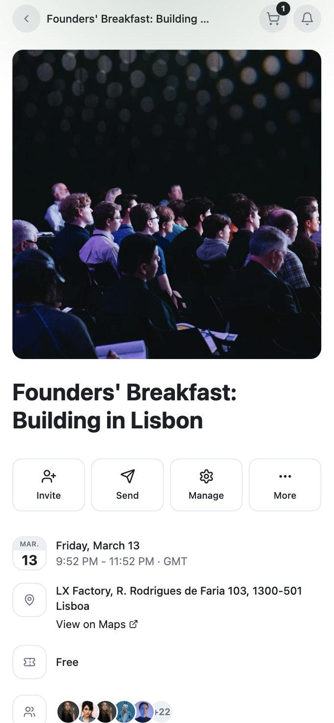 Cobuntu community event detail page — Founders' Breakfast: Building in Lisbon at LX Factory