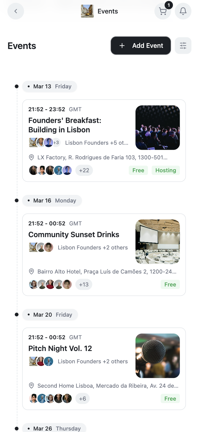 Cobuntu community event management — list of upcoming events with ticket sales