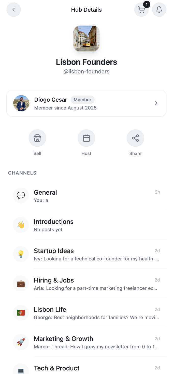 Cobuntu Social Business Hub — Hub Details screen showing channels and members