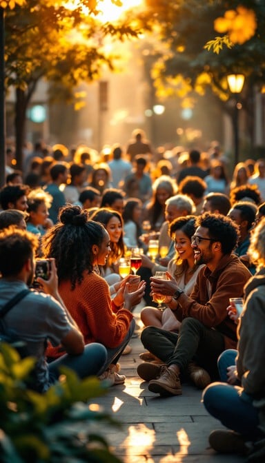 Community gathering outdoors at golden hour