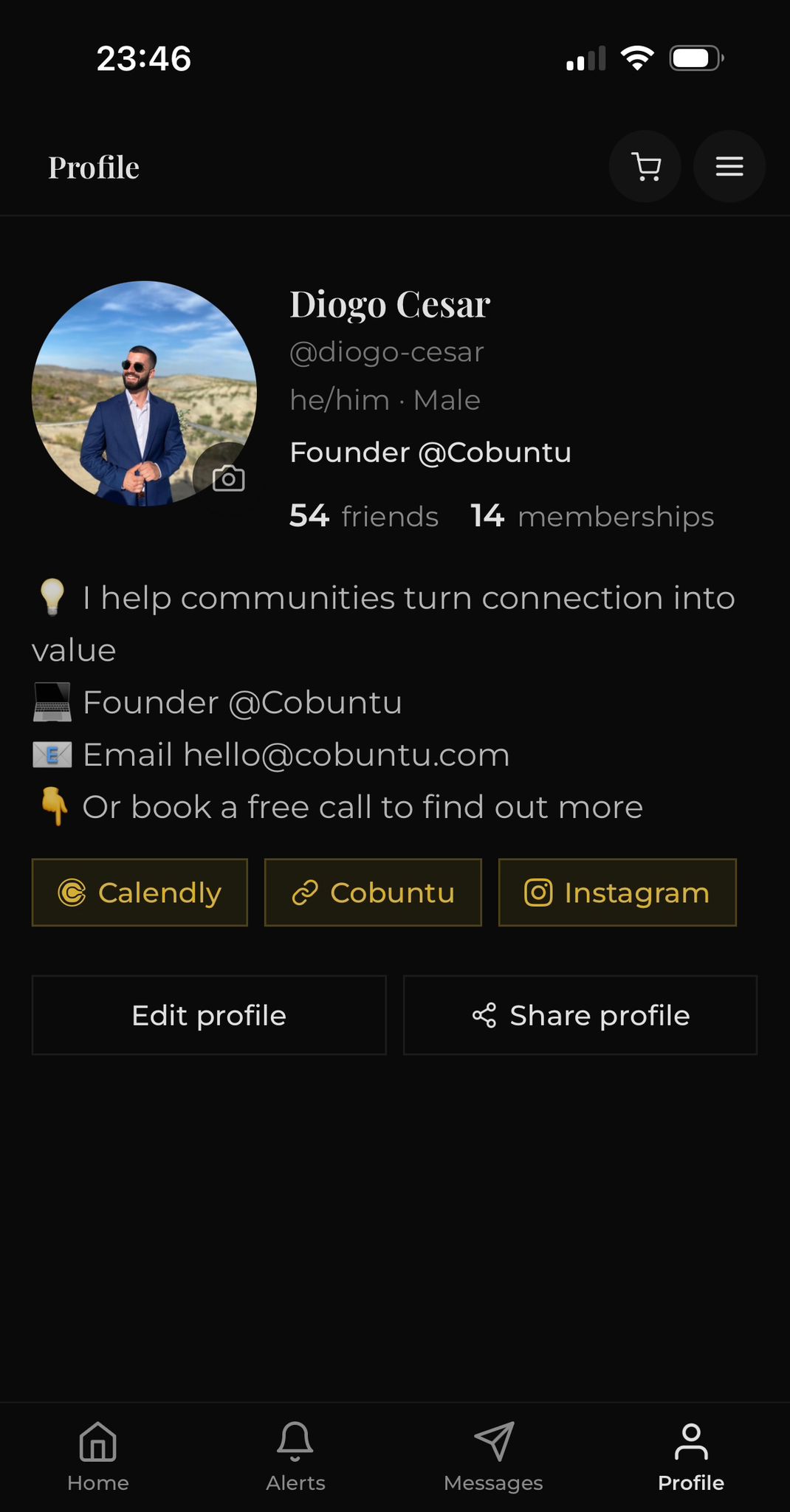 Cobuntu Community App member profile with memberships and links
