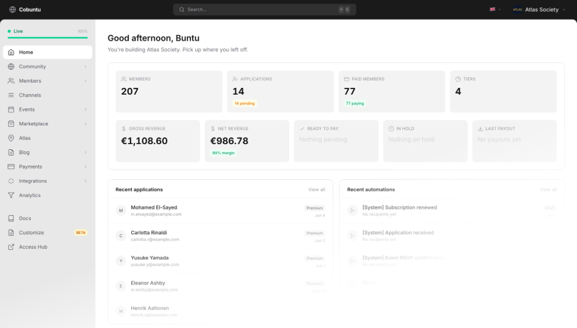 Cobuntu Studio dashboard showing members, applications and revenue
